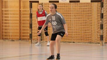 Jugendhandball Spielerin in grauem Trikot steht verteidigungsbereit vor dem Tor in der Sporthalle, Nachwuchshandball im Verein