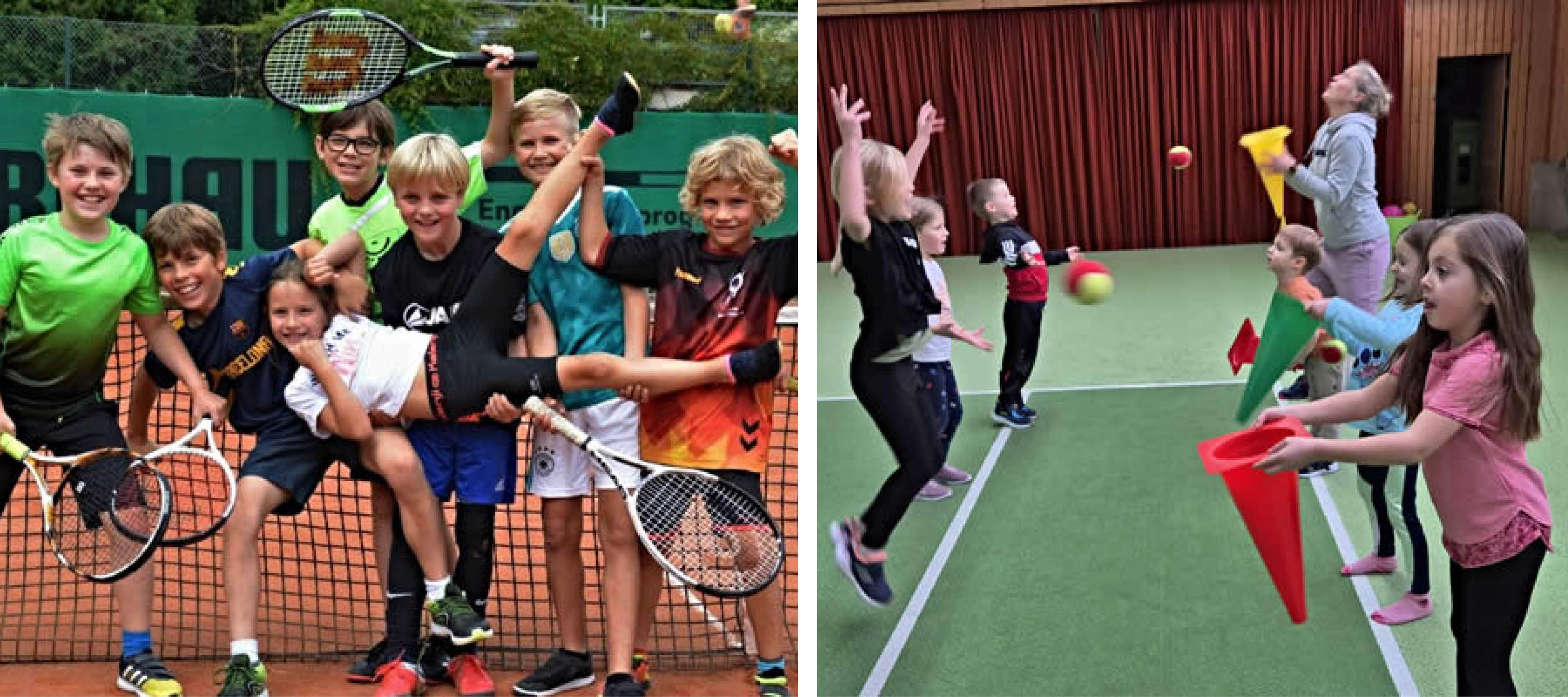 Kinder haben Spaß beim Tennis üben.